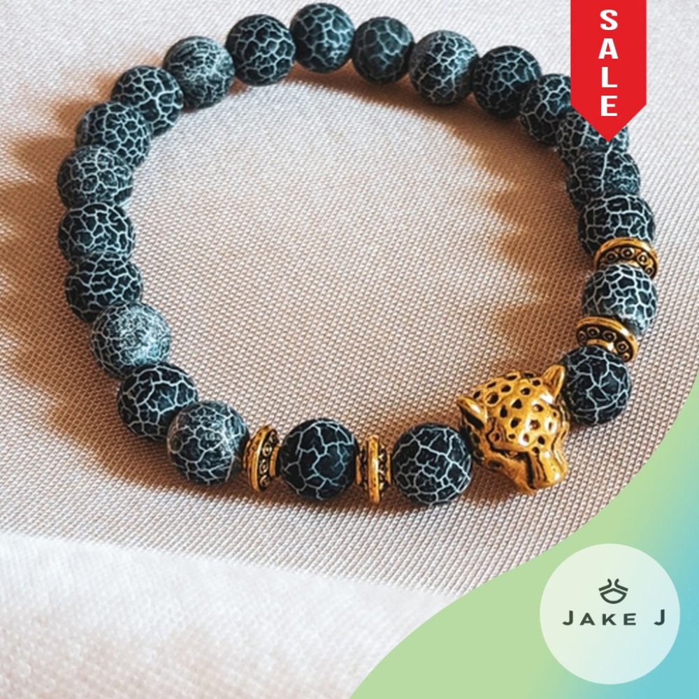 🍑Men Cosmos Gold Leopard elastic beaded bracelet  A-100